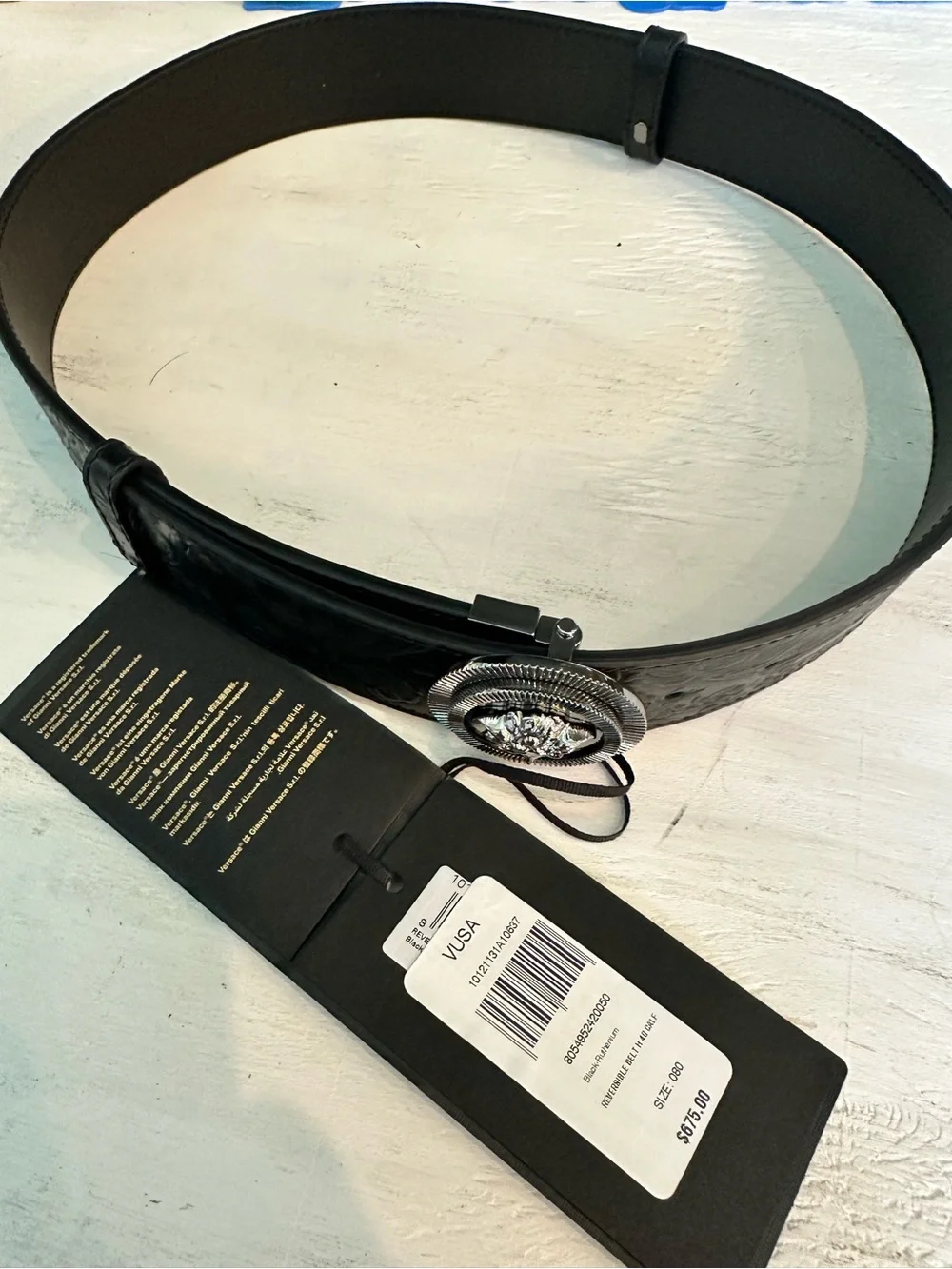Versace Unisex Reversible Black Embossed Leather Belt with Silver Medusa Buckle
